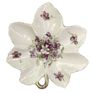 Vintage LEFTON Violet Hand Painted Leaf Gold Trim Candy Dish Trinket Plate 6"